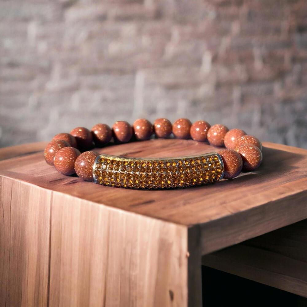 NEW Gold Sandstone Beaded Bracelet with Amber Rhinestone Accent